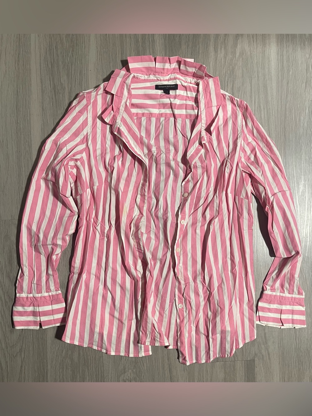 Banana Republic Ruffle Pink & White Vertical Stripe Button-Down Blouse